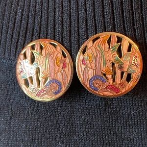 Vintage cloisonné clip on earrings fish ocean EUC